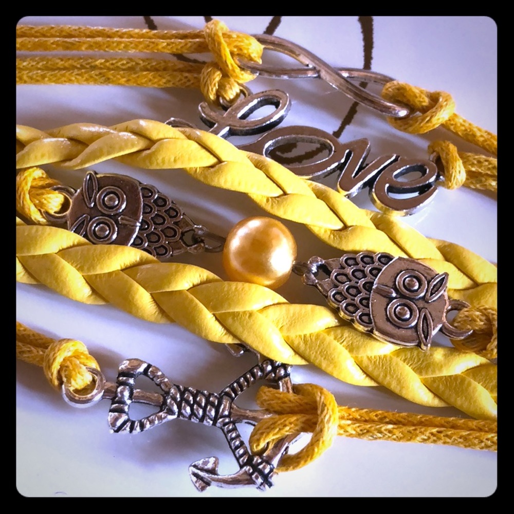 Yellow Leather Rope Silver love Charm Bracelet